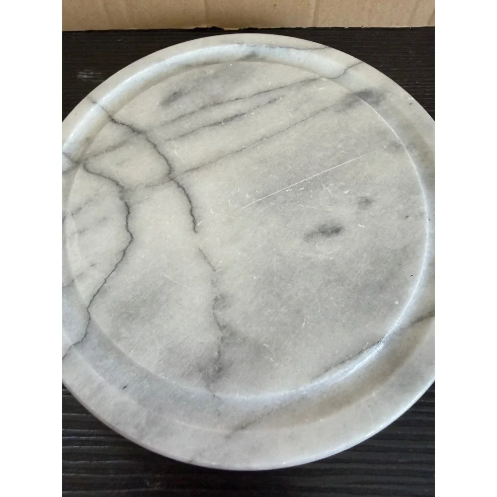 White Marble Round Trivet Coaster Grey Veined Stone 7.5 Inch Decorative Plate